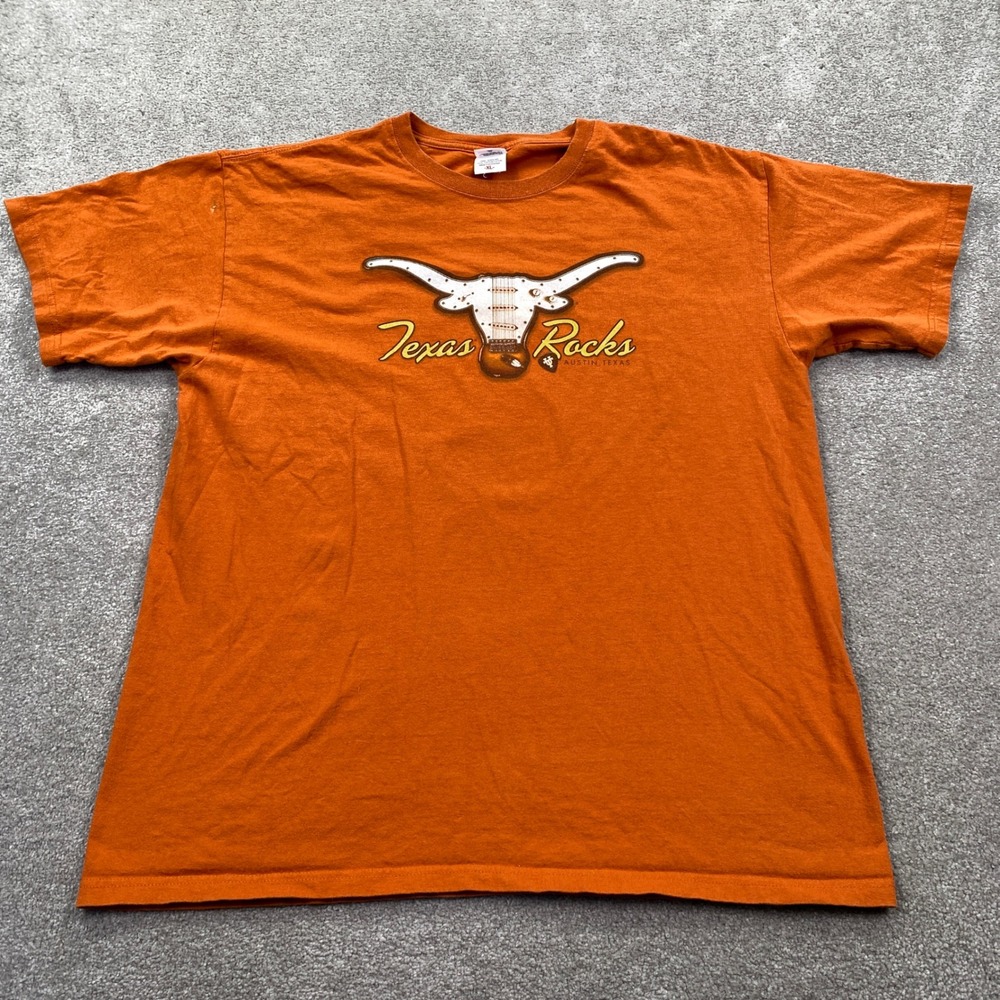 Anvil Texas Rocks Austin T-Shirt Mens XL Orange Longhorn Guitar Graphic Tee